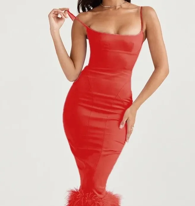 A&A Luxe Feather Tassel Spaghetti Strap Midi Dress