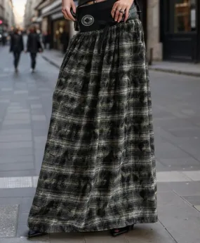 Colorblock Plaid Vintage Skirt For Women High Waist Spliced Belt Loose Casual Temperament A Line Skirts Female New