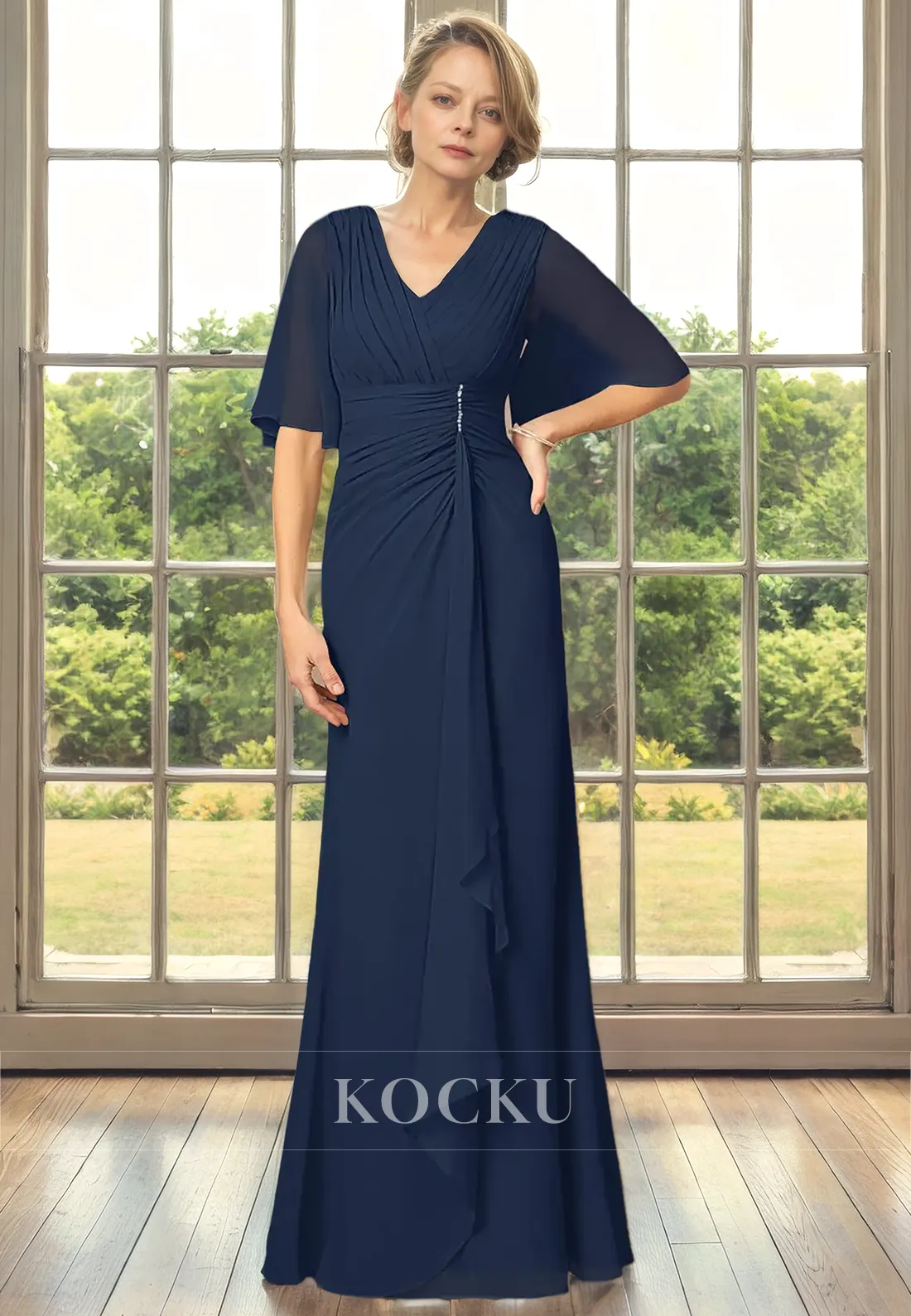 Elegant & Simple V-Neck Short sleeves A-Line Belt Cocktail Mother of the Bride Dress