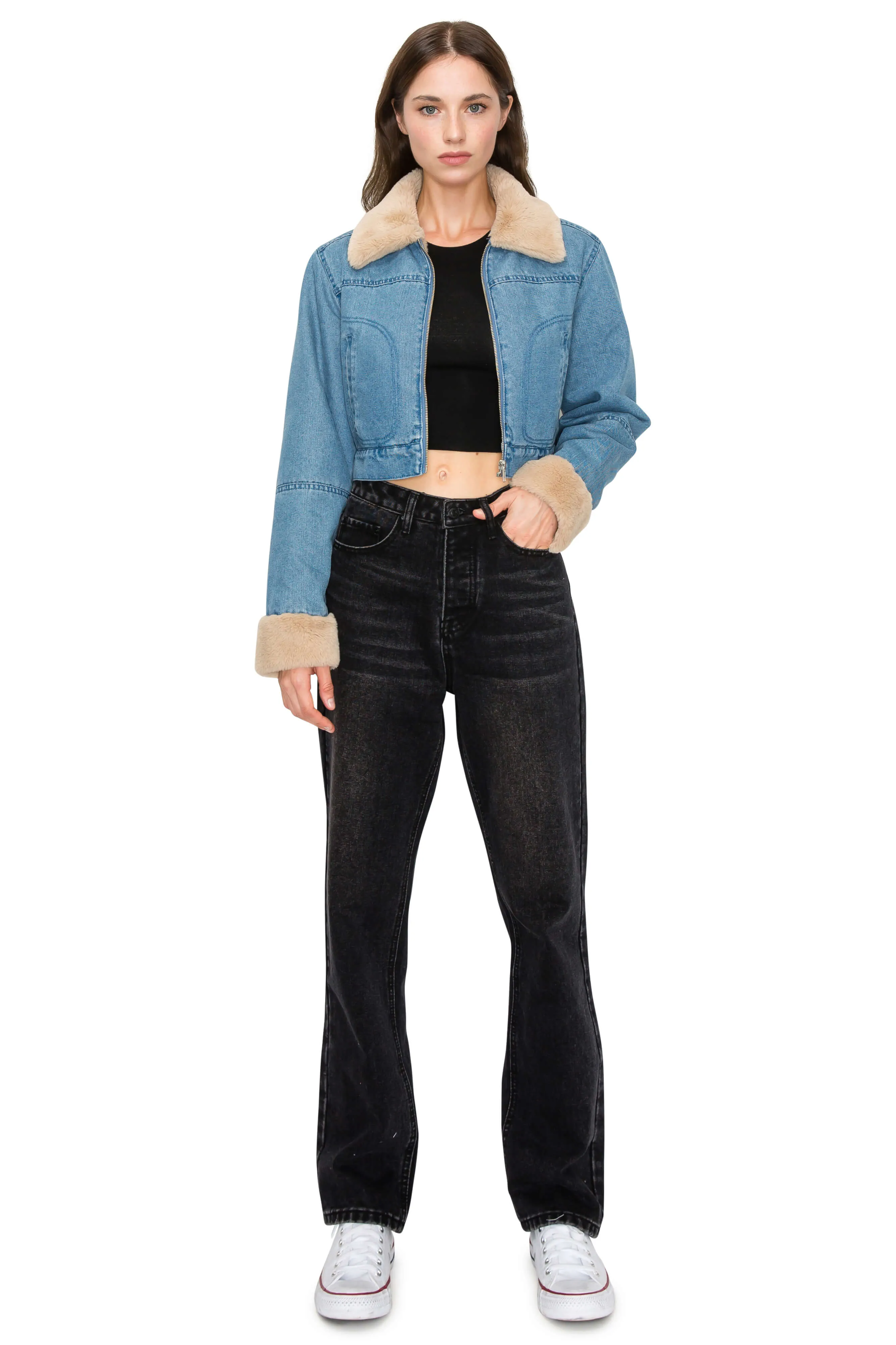 Faux Shearling Collar Biker Denim Jacket