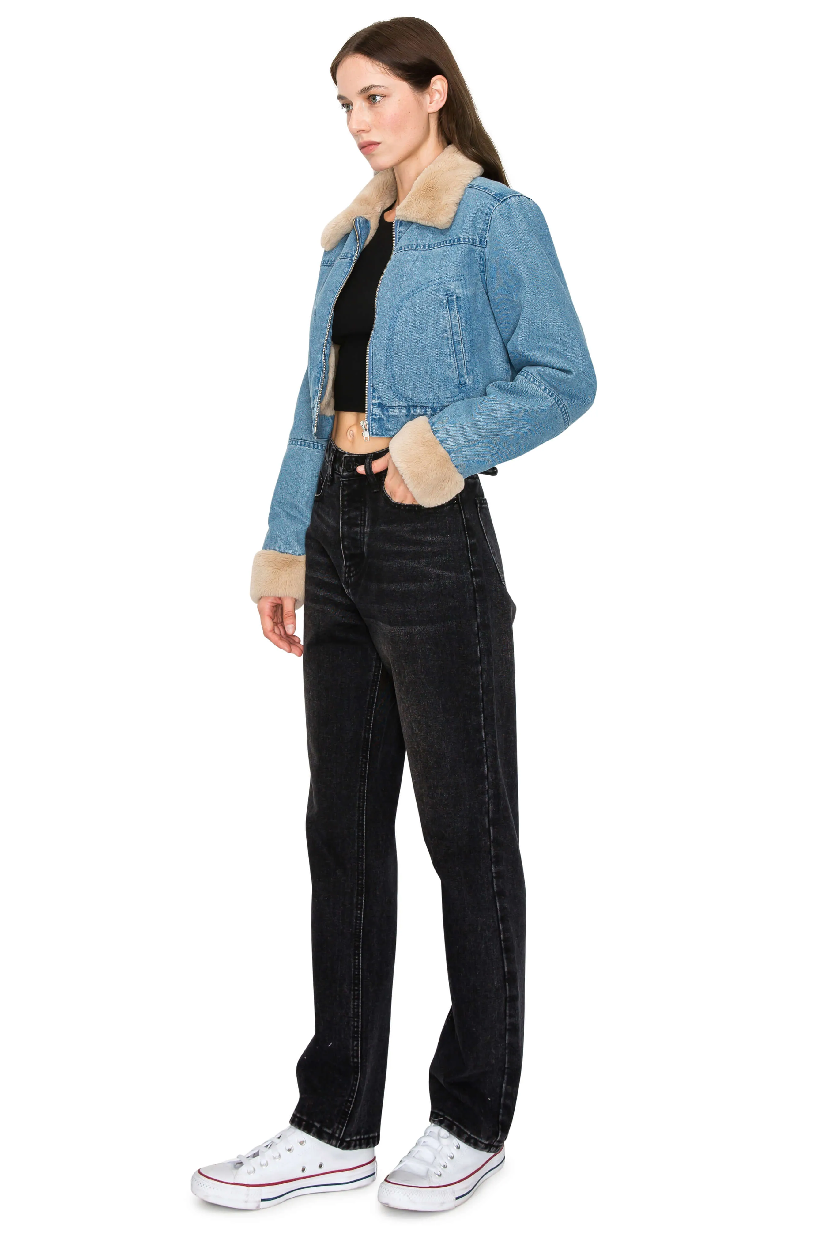 Faux Shearling Collar Biker Denim Jacket