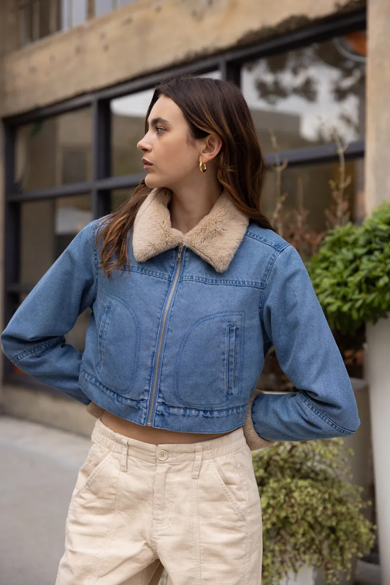 Faux Shearling Collar Biker Denim Jacket