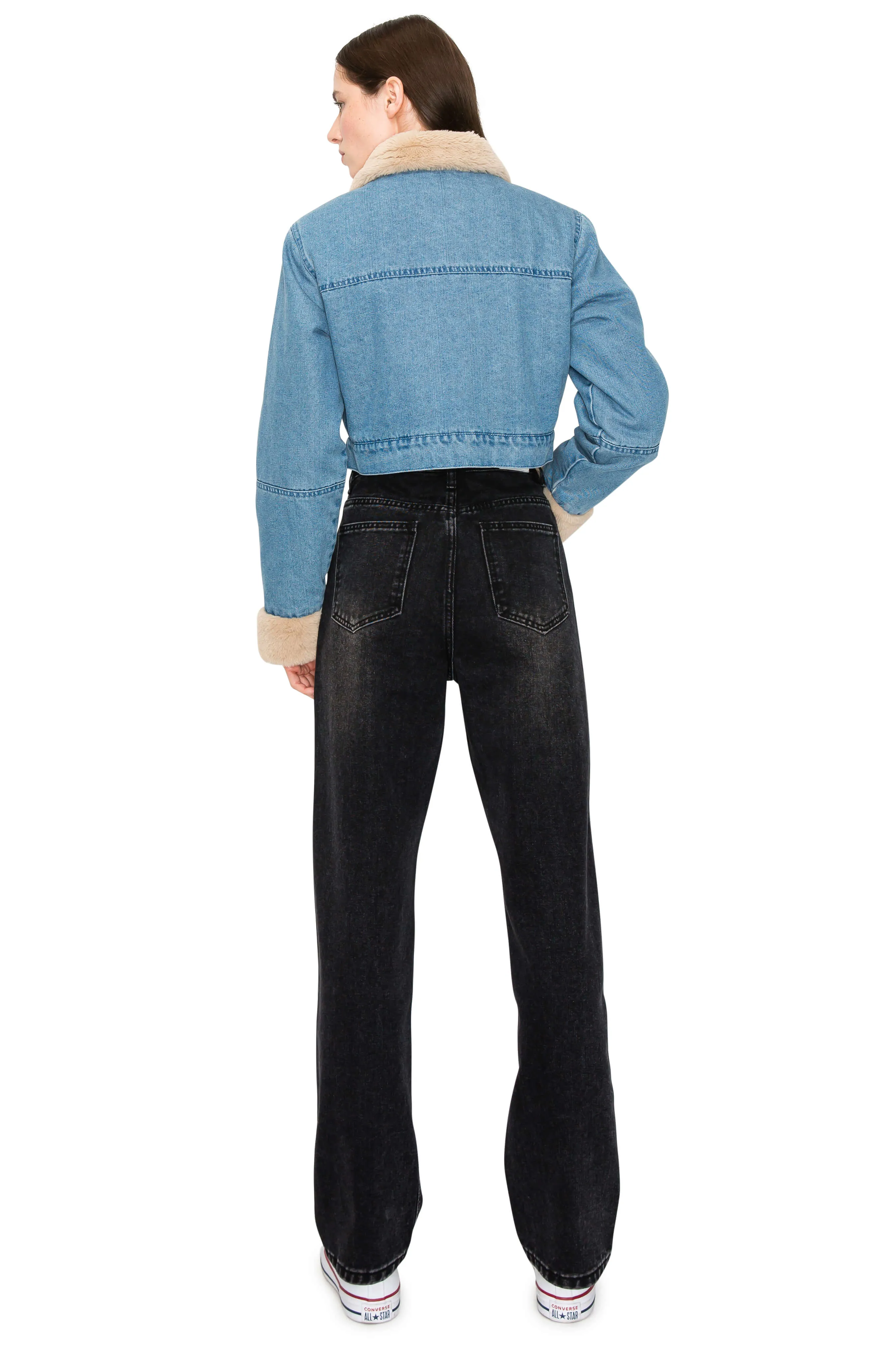 Faux Shearling Collar Biker Denim Jacket
