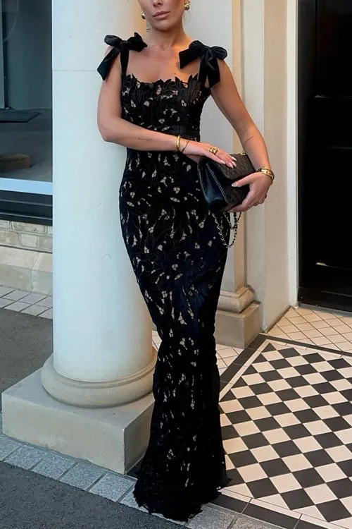 Febedress Bow Shoulder Lace Hollow Out Bodycon Maxi Cami Dress