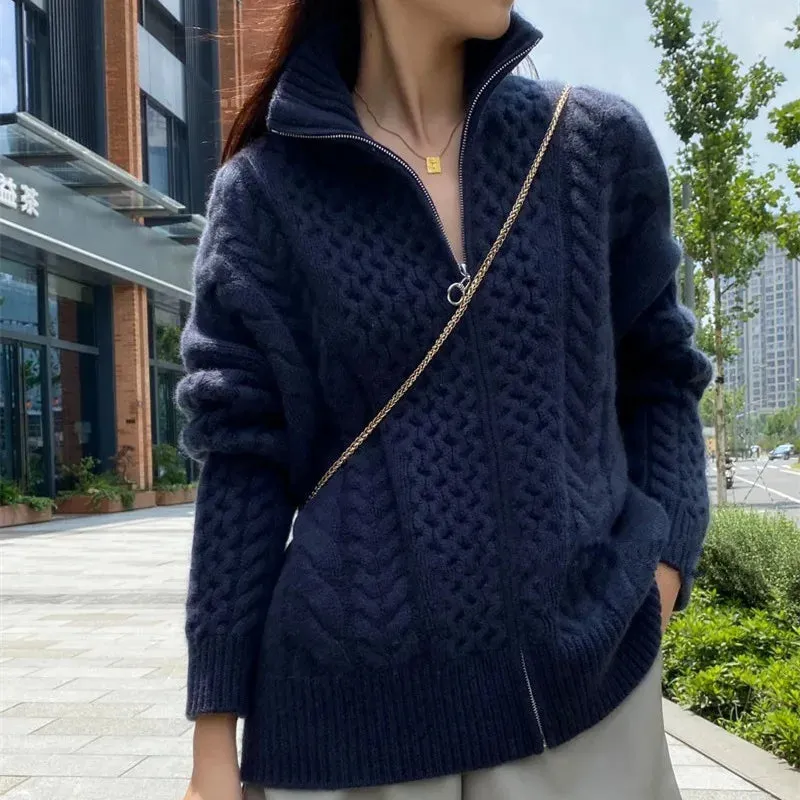 Flytonn-European station autumn and winter thick high-necked cashmere knitted Cardigan woman loose thin zipper sweater coat wool coat