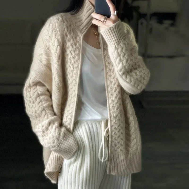 Flytonn-European station autumn and winter thick high-necked cashmere knitted Cardigan woman loose thin zipper sweater coat wool coat
