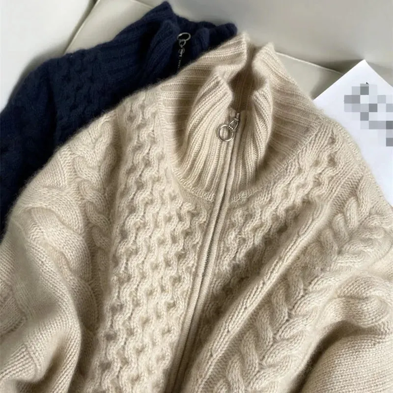 Flytonn-European station autumn and winter thick high-necked cashmere knitted Cardigan woman loose thin zipper sweater coat wool coat