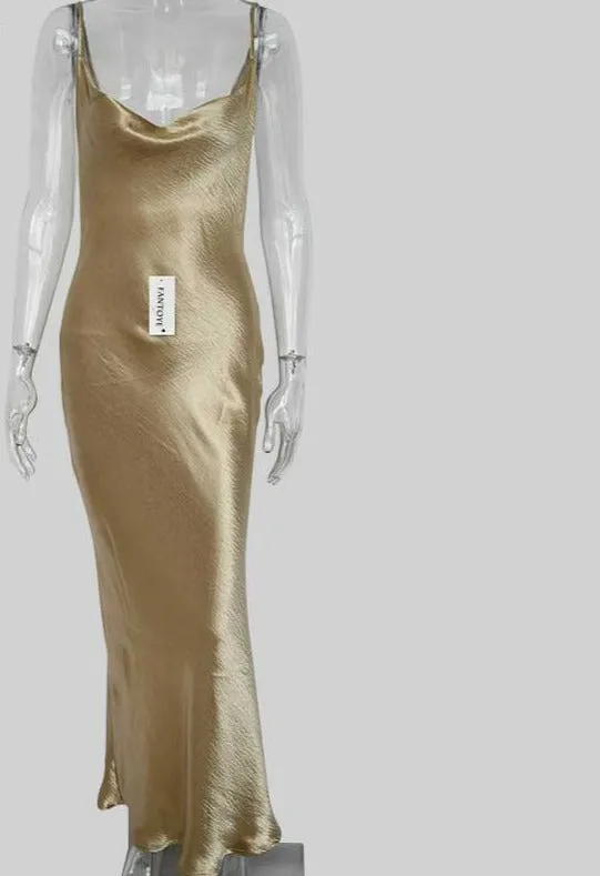 Joskaa Autumn Satin Slip Dress Women Backless Spaghetti Strap Gold Silk Sexy Luxury Elegant Long Maxi Party Dresses Vestidos