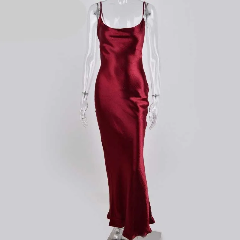 Joskaa Autumn Satin Slip Dress Women Backless Spaghetti Strap Gold Silk Sexy Luxury Elegant Long Maxi Party Dresses Vestidos