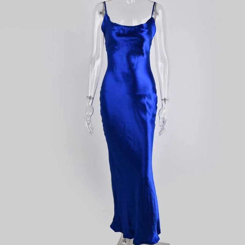 Joskaa Autumn Satin Slip Dress Women Backless Spaghetti Strap Gold Silk Sexy Luxury Elegant Long Maxi Party Dresses Vestidos