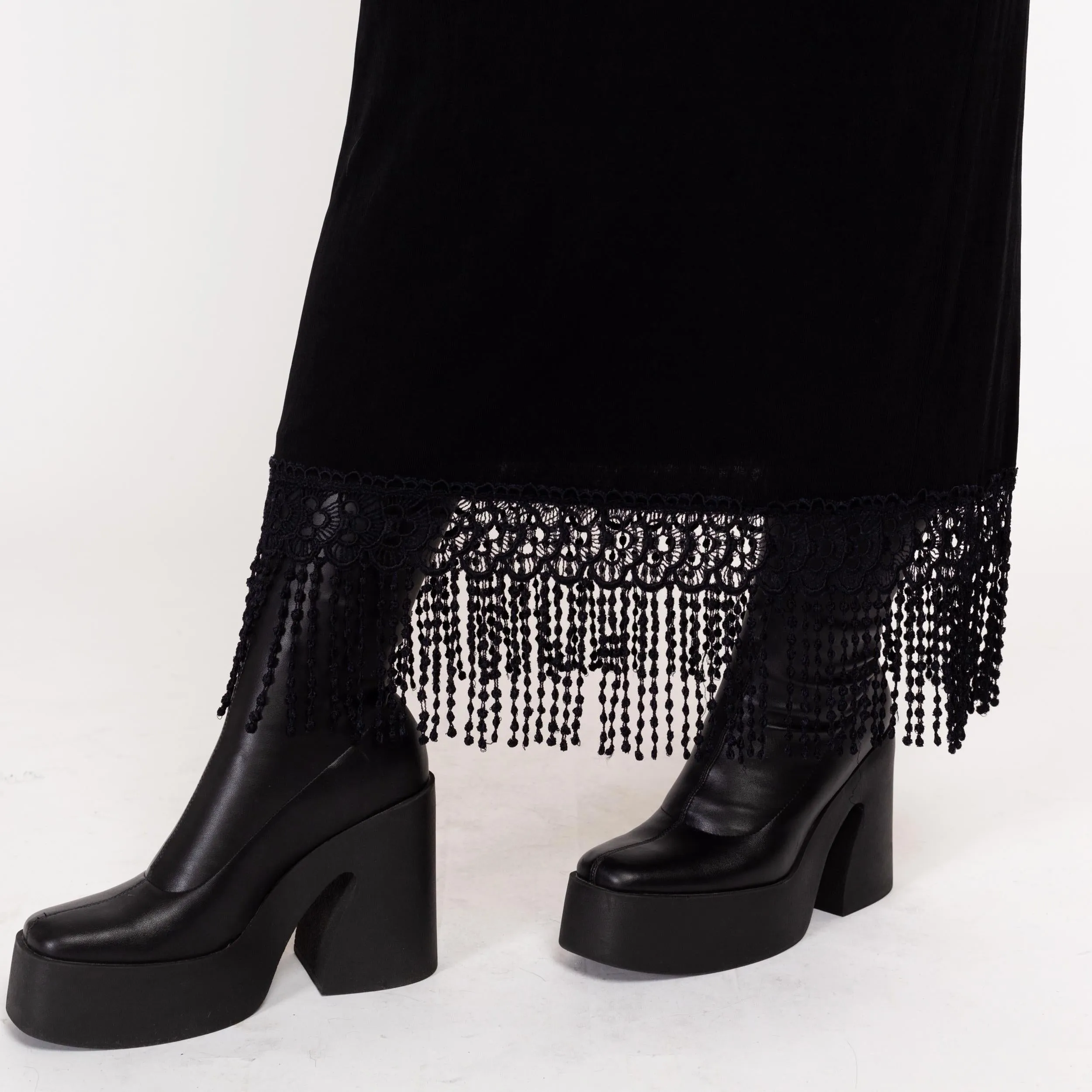 Large 90s Slinky Black Fringe Trim Maxi Dress