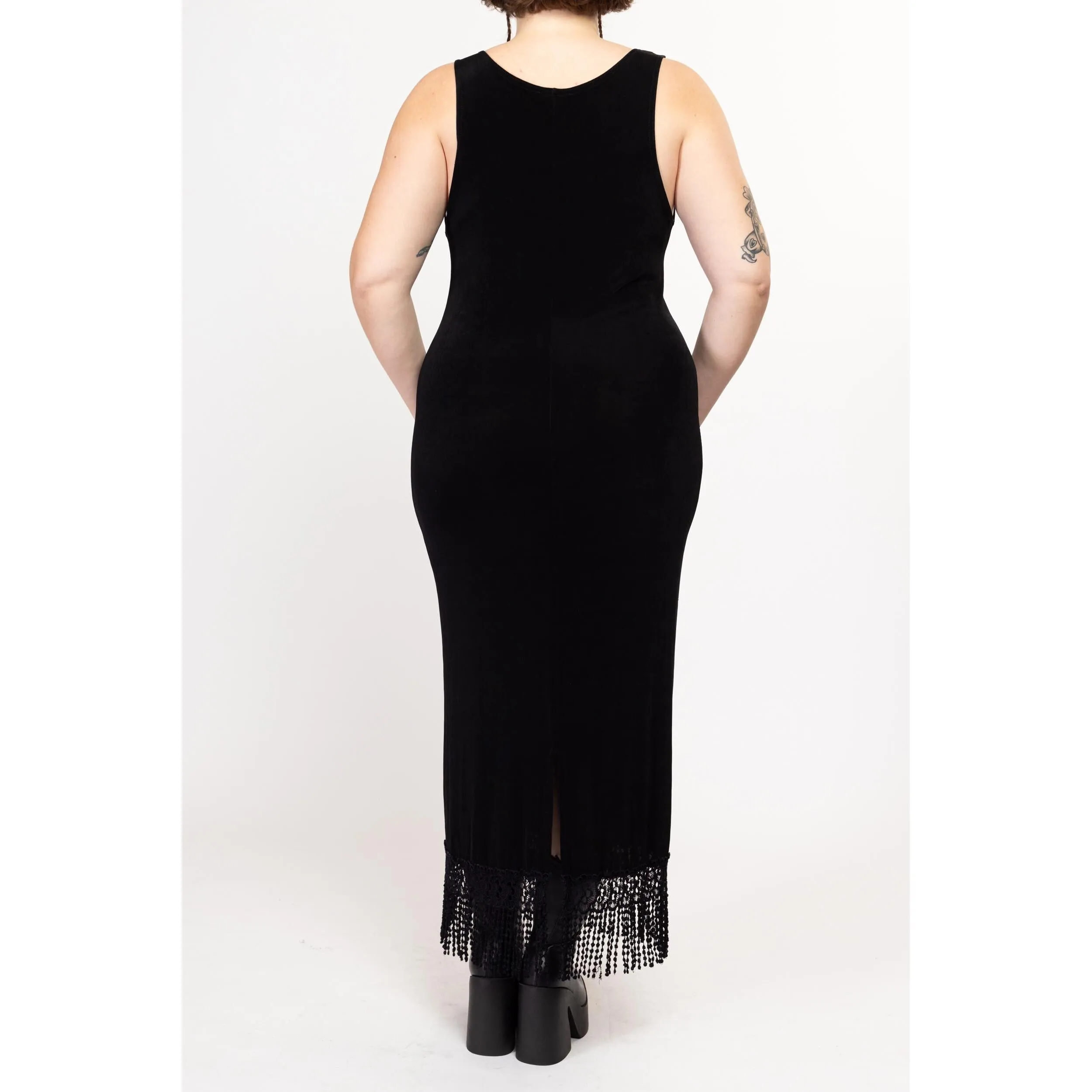 Large 90s Slinky Black Fringe Trim Maxi Dress