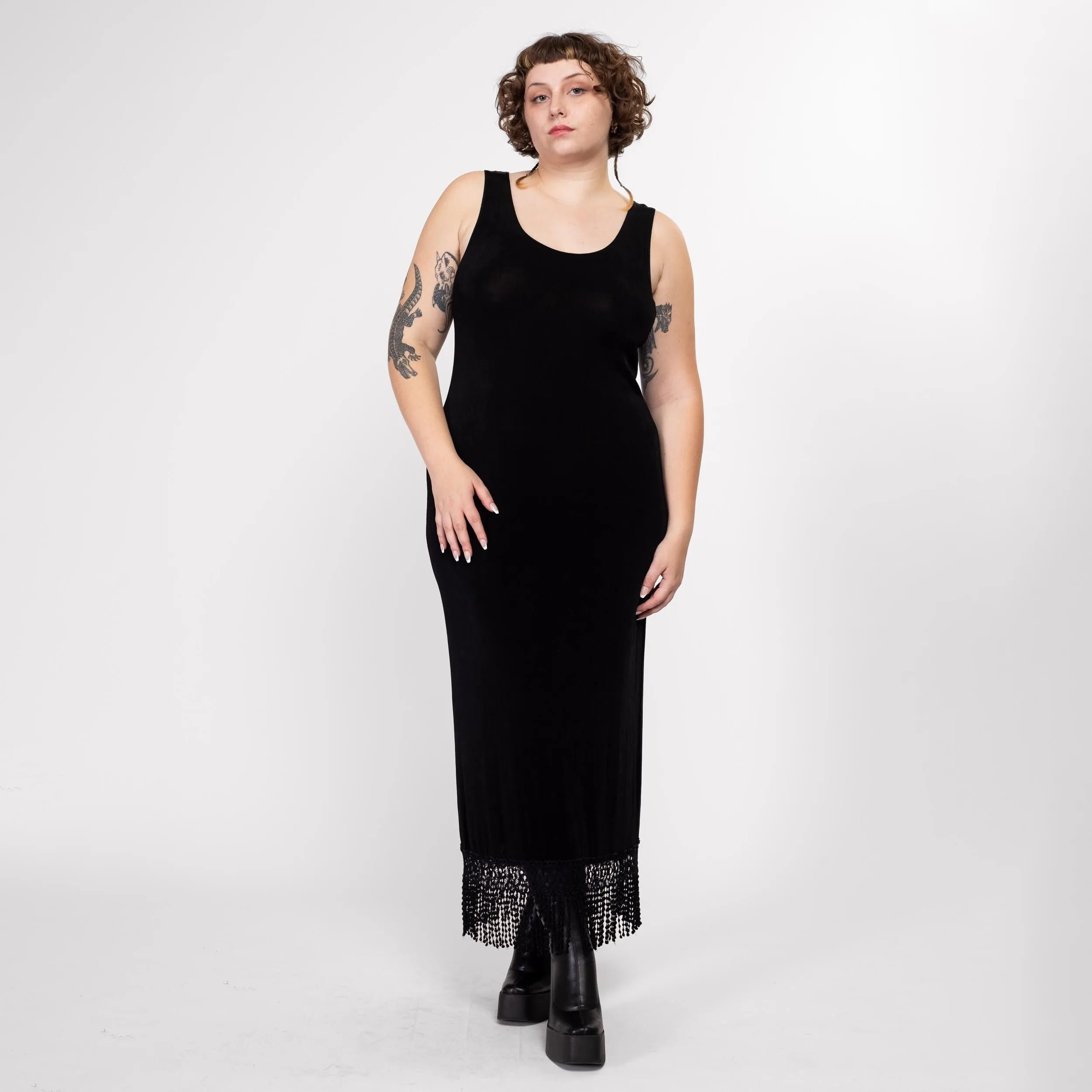 Large 90s Slinky Black Fringe Trim Maxi Dress