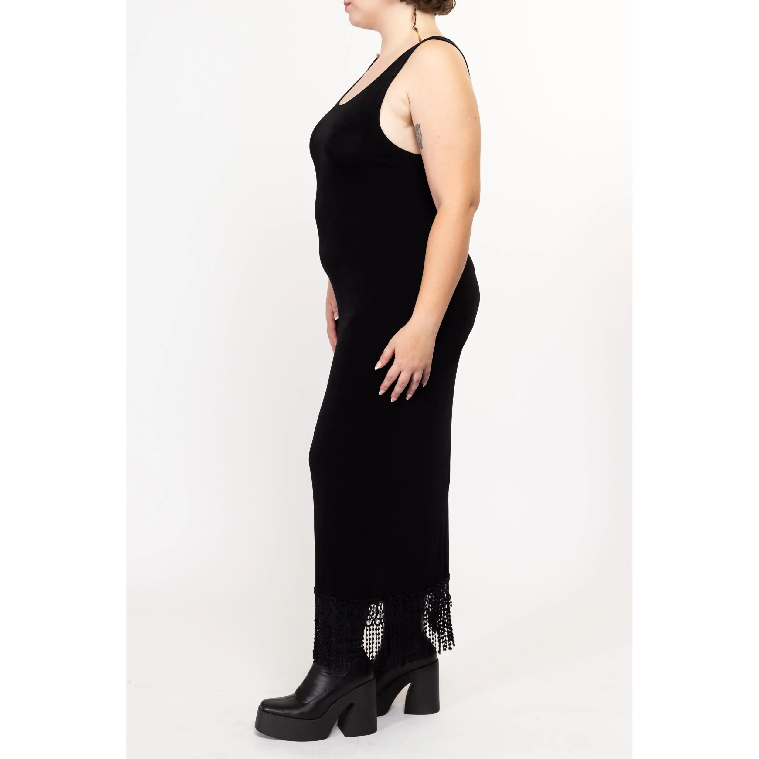 Large 90s Slinky Black Fringe Trim Maxi Dress