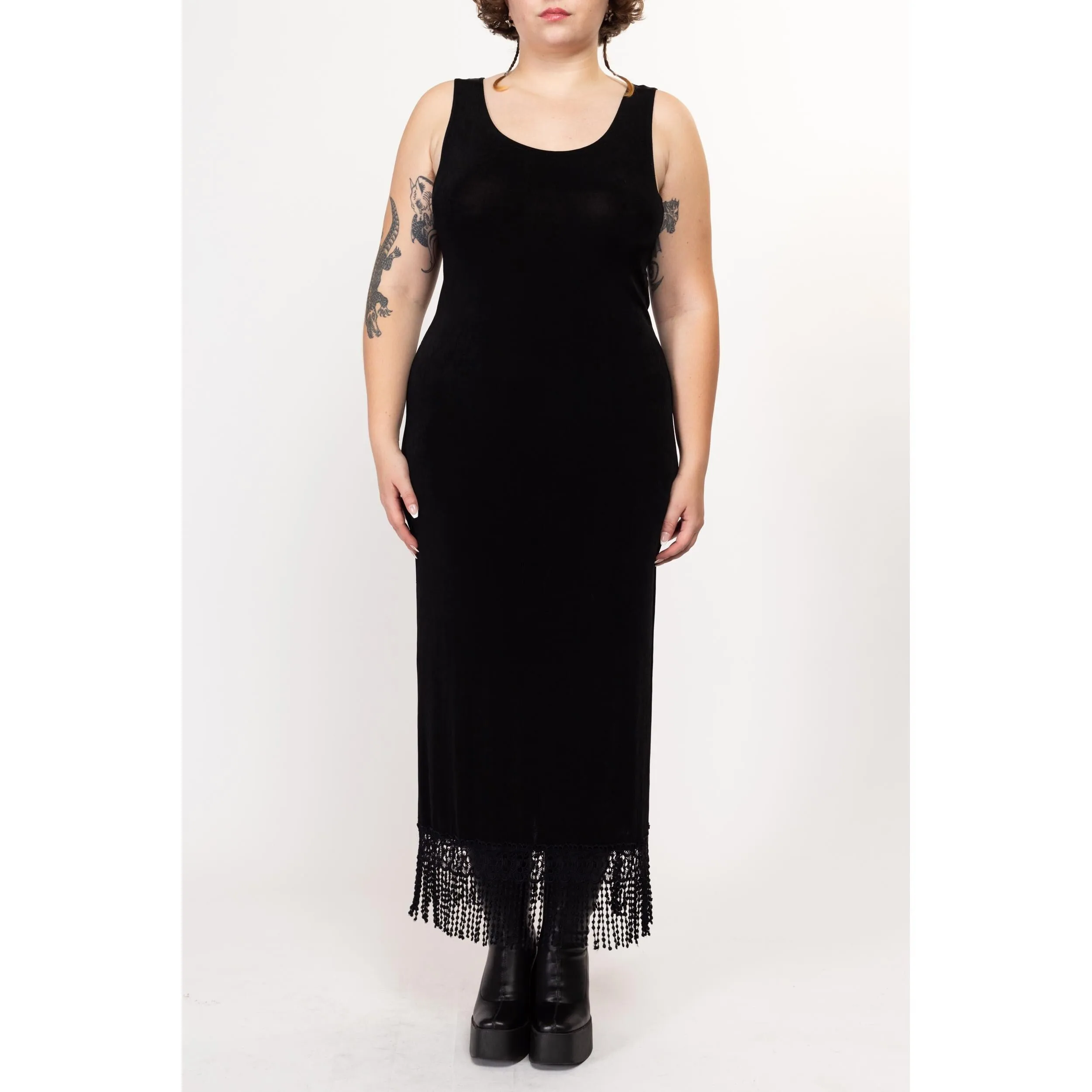 Large 90s Slinky Black Fringe Trim Maxi Dress