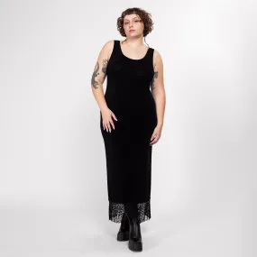 Large 90s Slinky Black Fringe Trim Maxi Dress