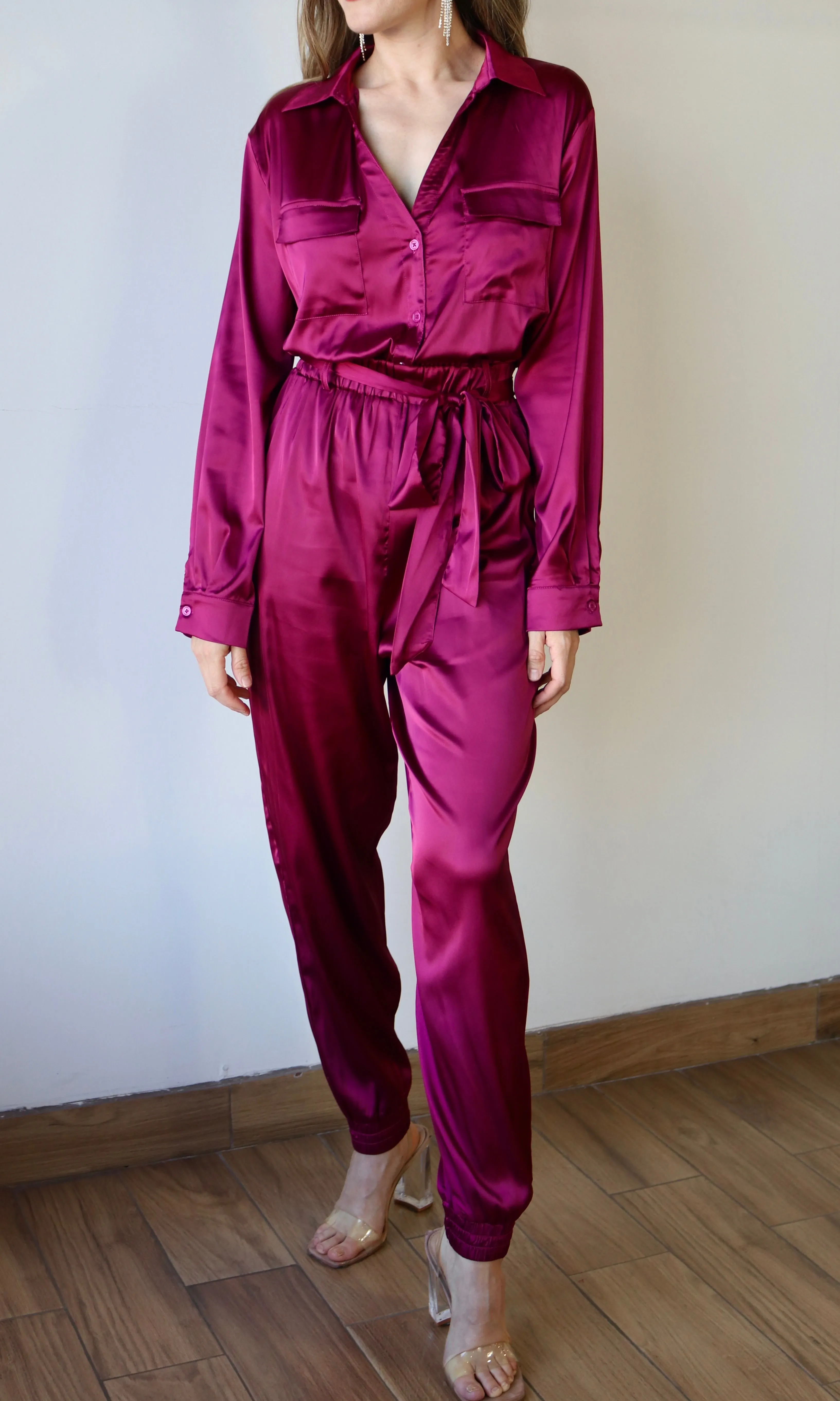 Long Sleeve Shirt Jogger Jumpsuit With Belt