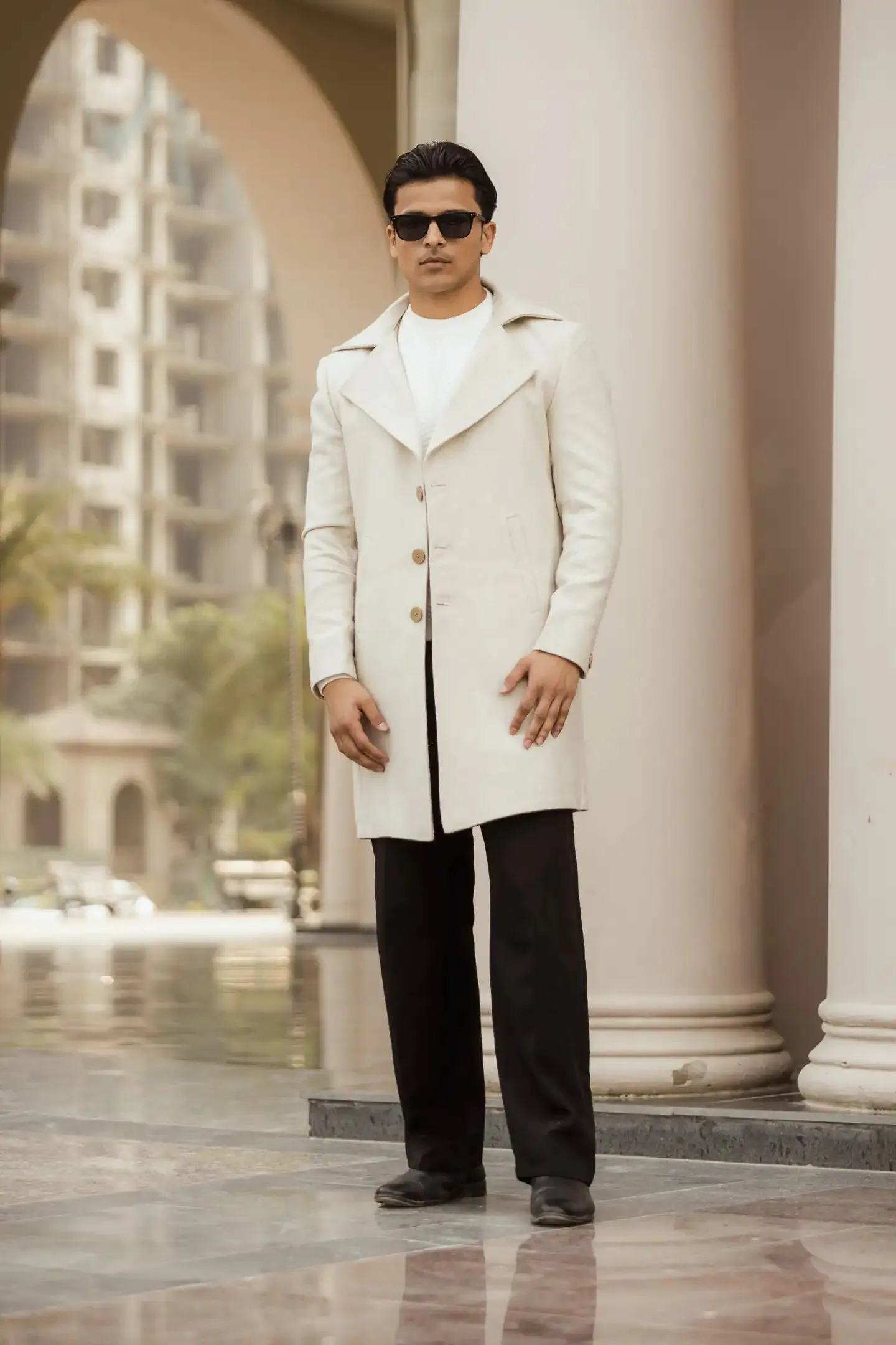 Men Long Coat Herringbone Weave