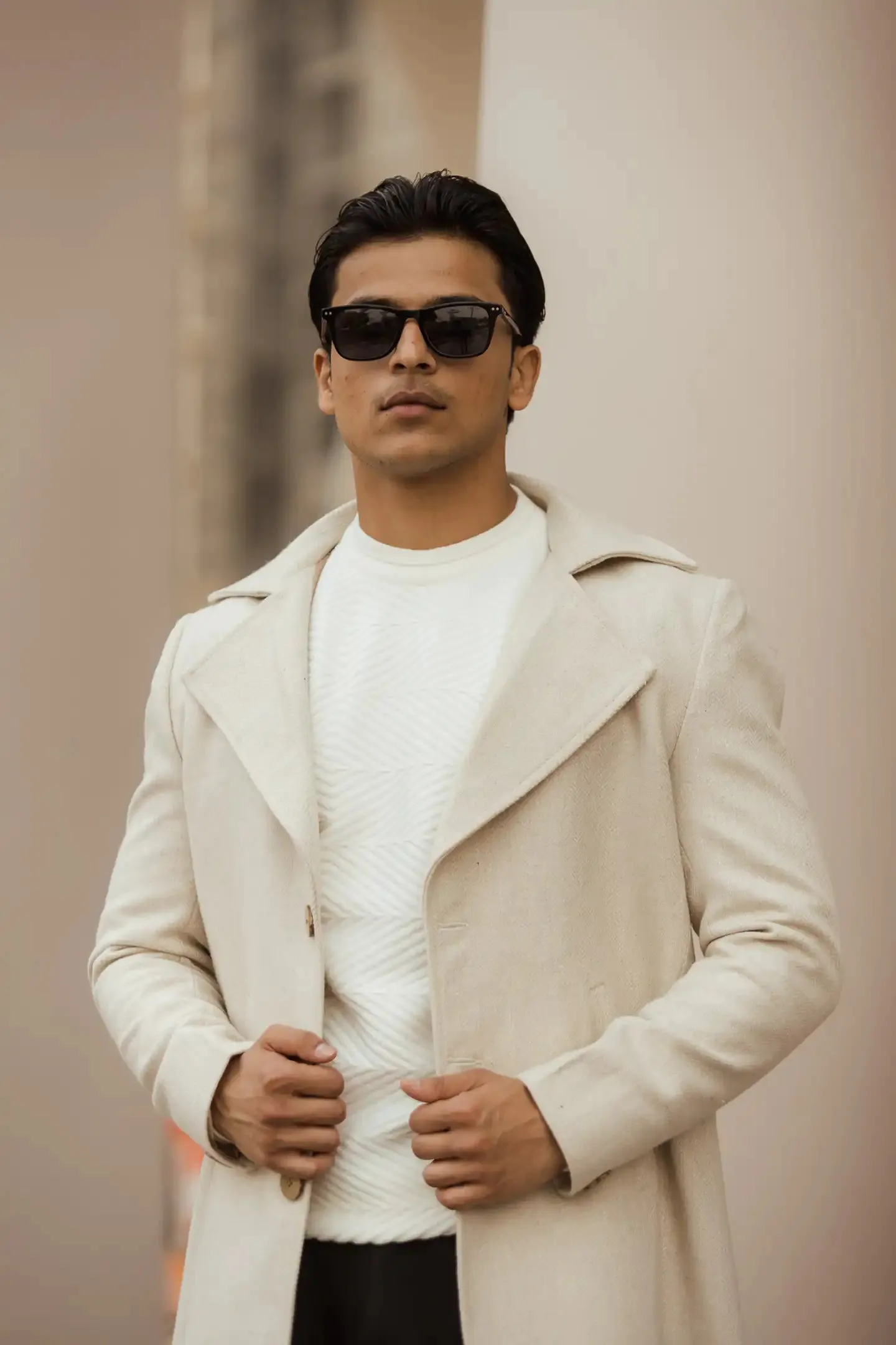 Men Long Coat Herringbone Weave