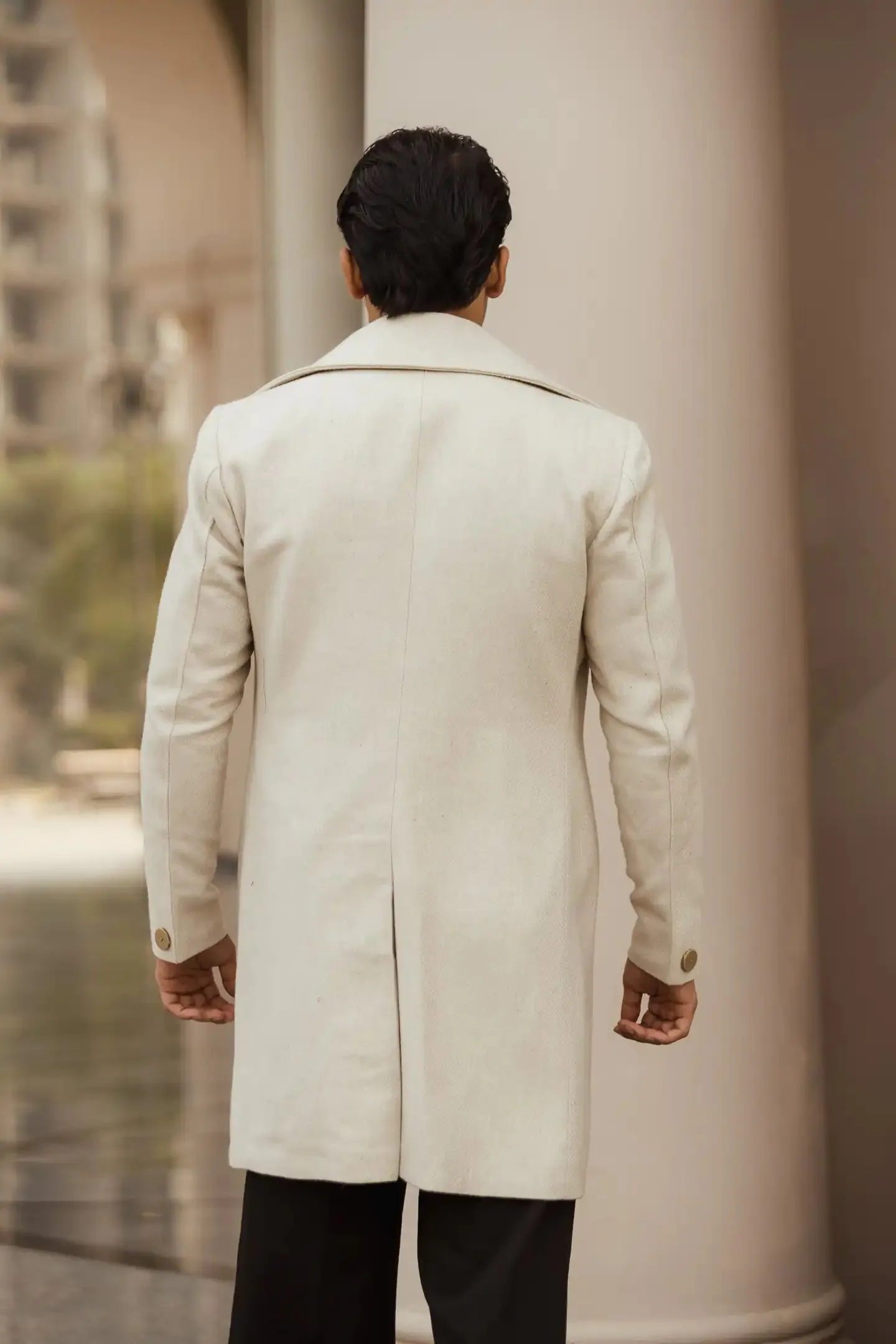 Men Long Coat Herringbone Weave