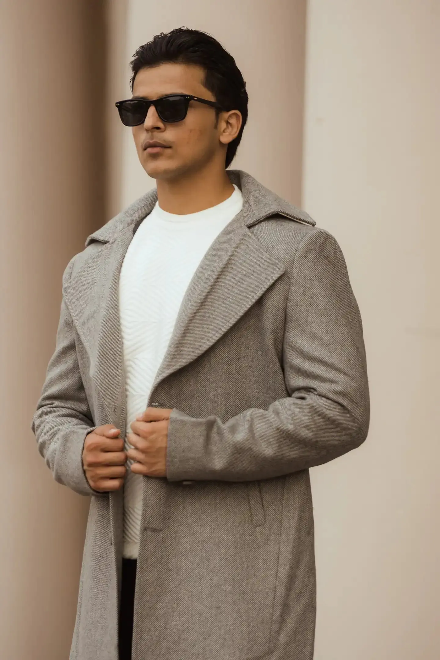 Men Long Coat Herringbone Weave