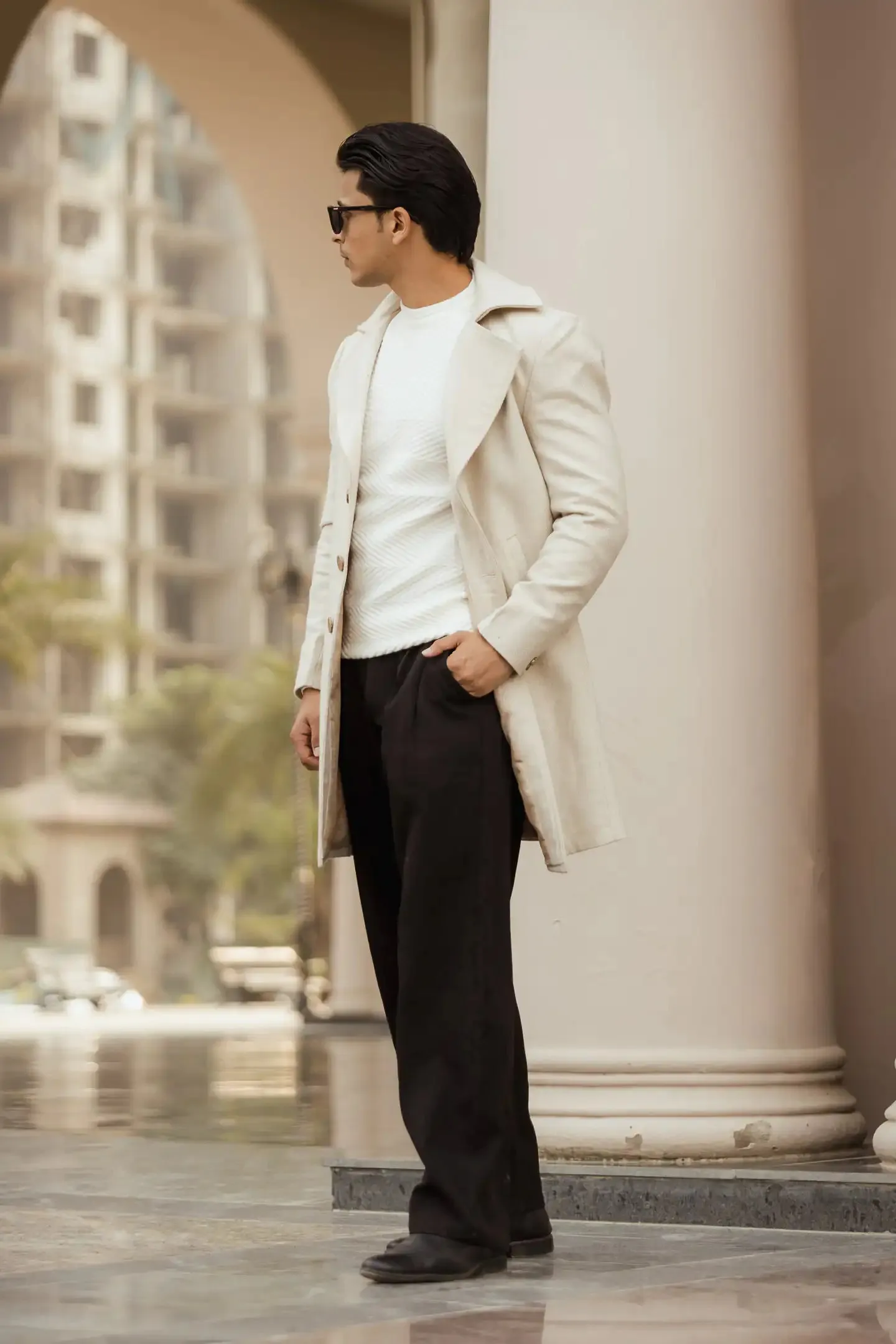 Men Long Coat Herringbone Weave