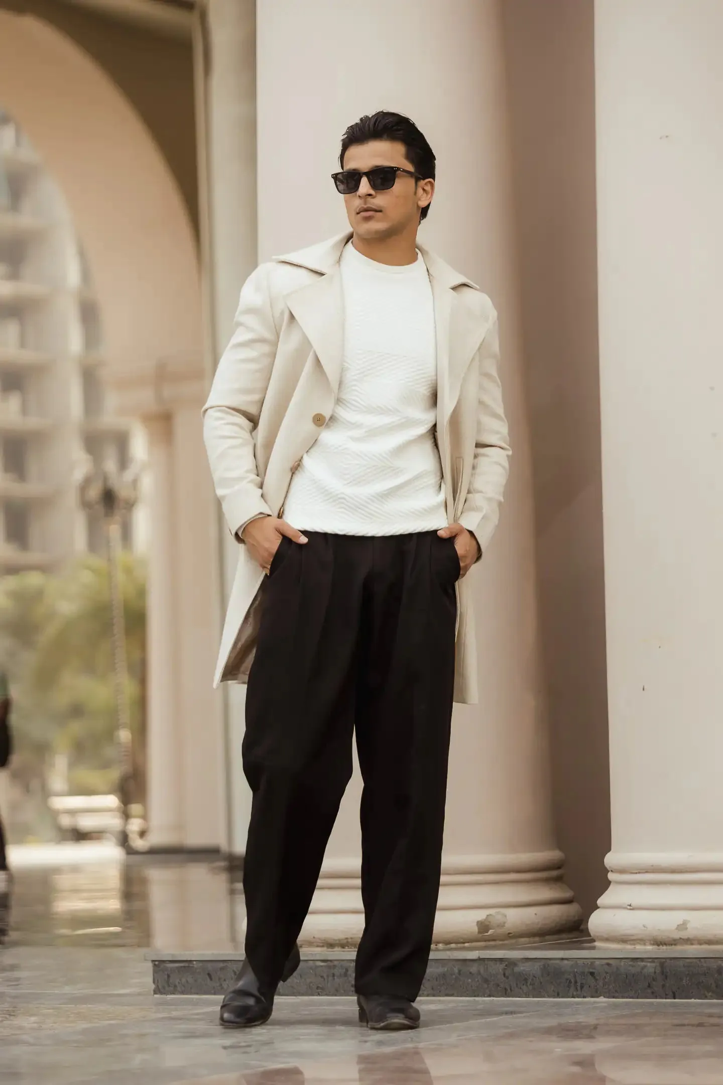 Men Long Coat Herringbone Weave
