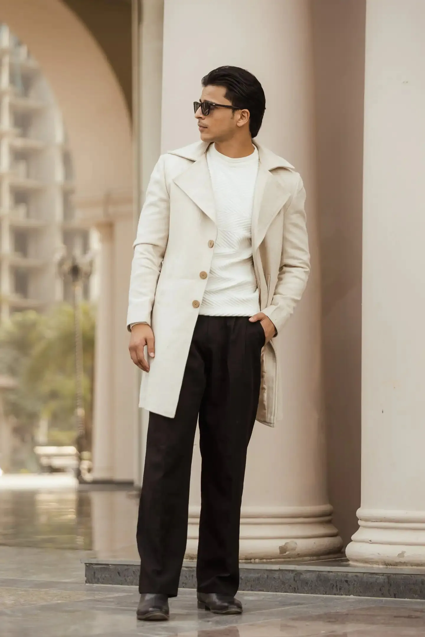 Men Long Coat Herringbone Weave