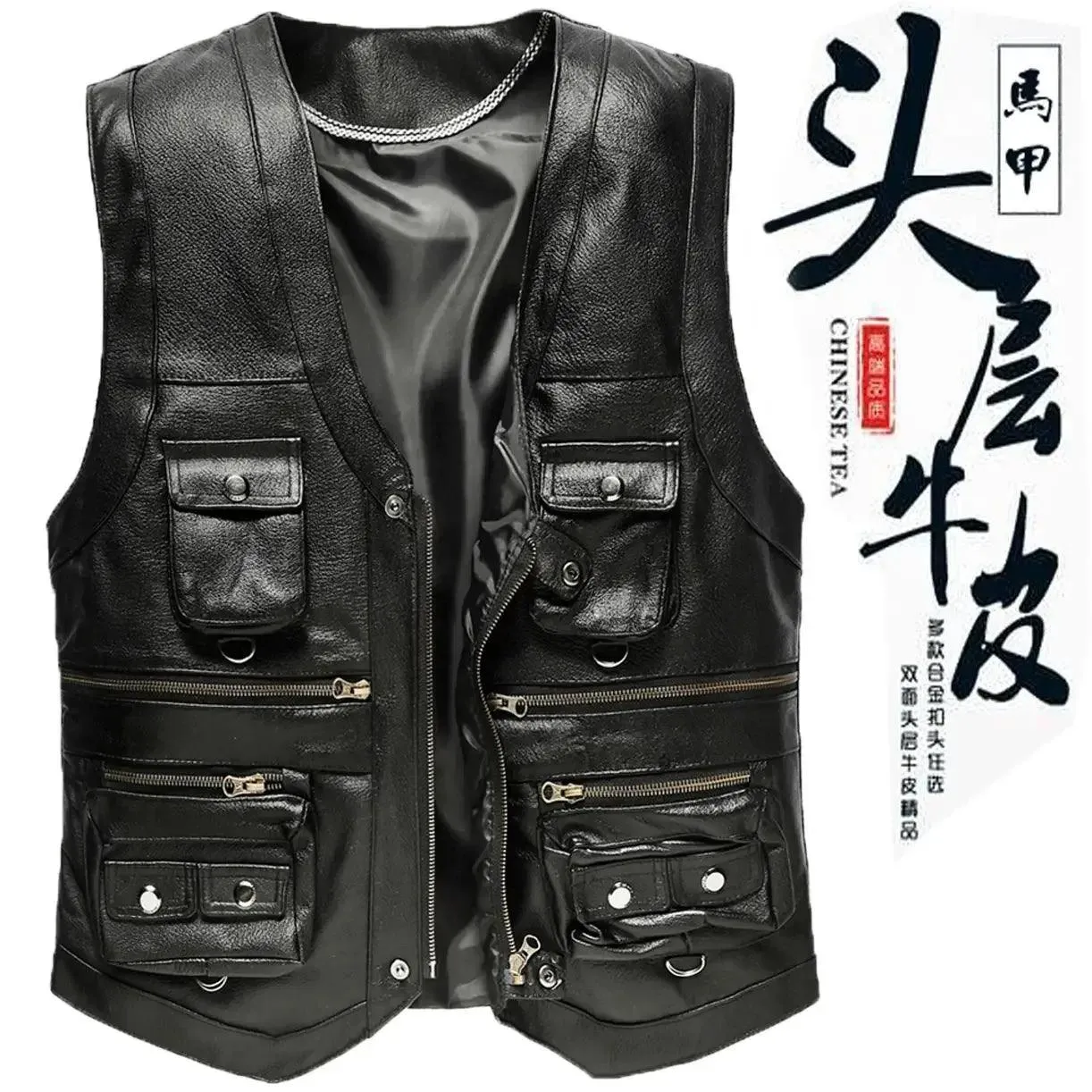 Men's Genuine Leather Imported Vest Male Multiple Pockets Sleeveless Coat Men V-neck Real Sheepskin Waistcoat