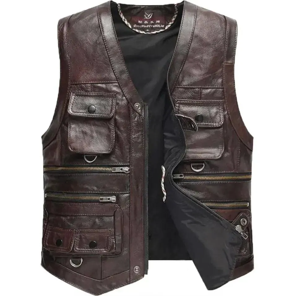 Men's Genuine Leather Imported Vest Male Multiple Pockets Sleeveless Coat Men V-neck Real Sheepskin Waistcoat
