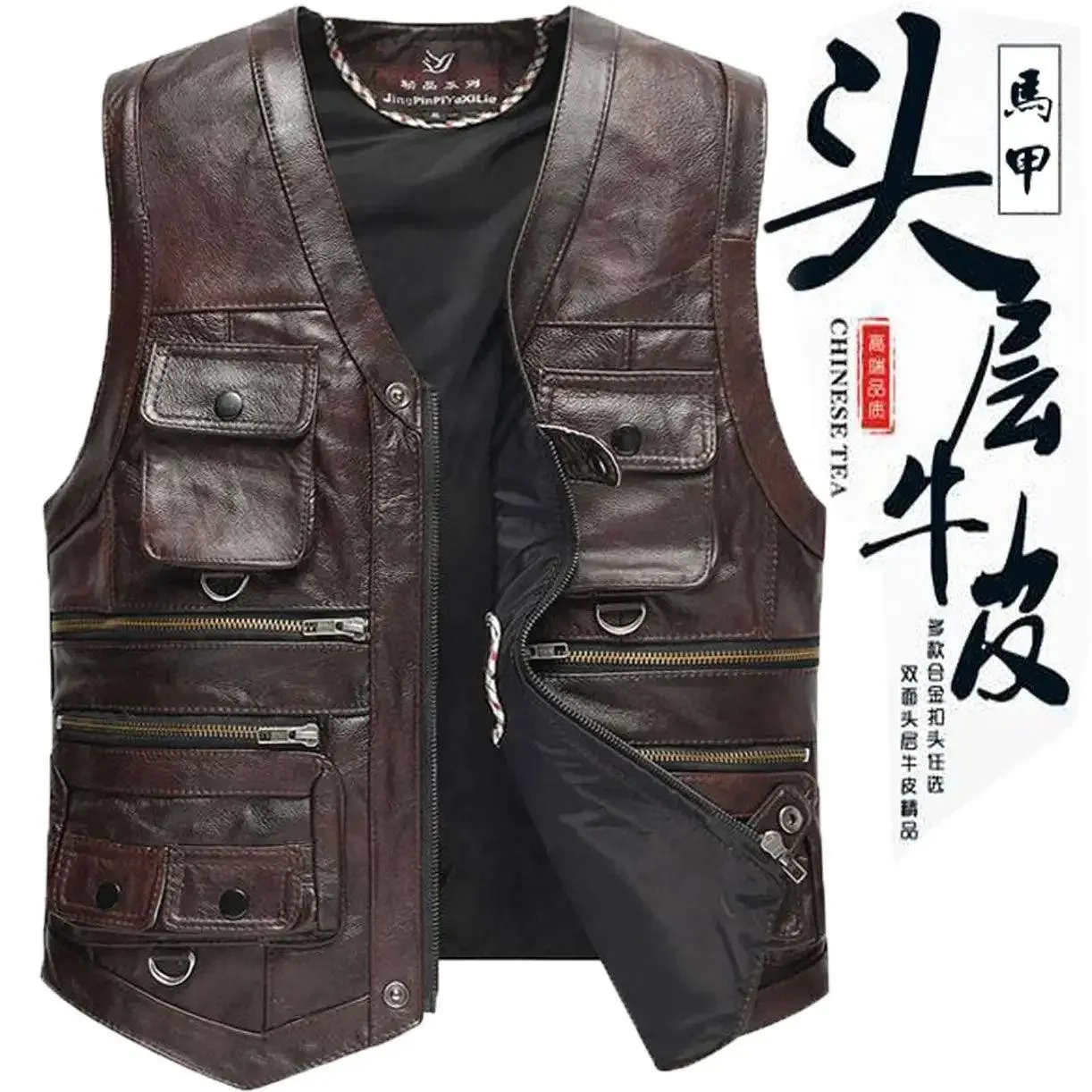 Men's Genuine Leather Imported Vest Male Multiple Pockets Sleeveless Coat Men V-neck Real Sheepskin Waistcoat