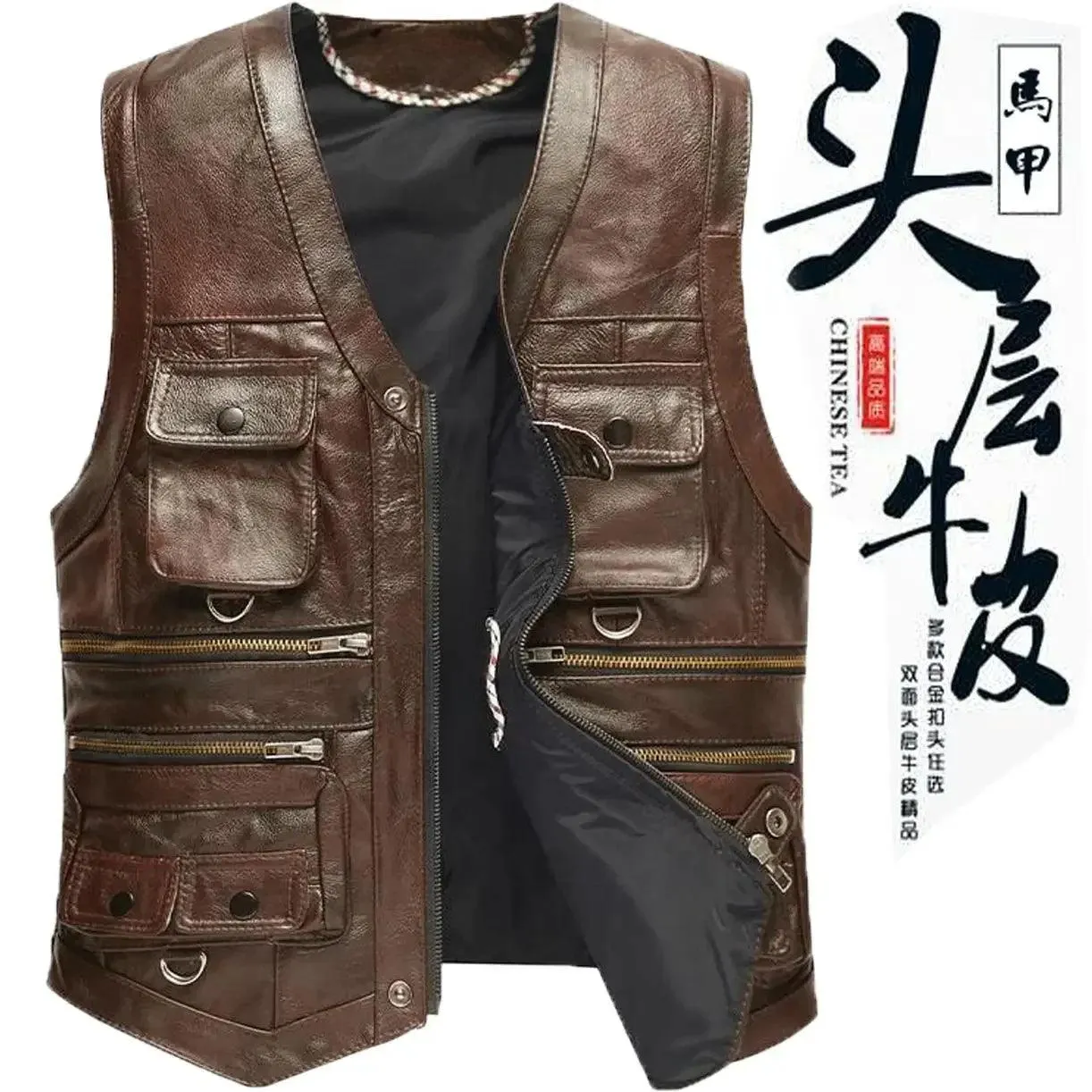 Men's Genuine Leather Imported Vest Male Multiple Pockets Sleeveless Coat Men V-neck Real Sheepskin Waistcoat
