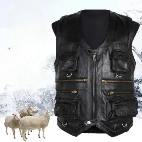 Men's Genuine Leather Imported Vest Male Multiple Pockets Sleeveless Coat Men V-neck Real Sheepskin Waistcoat
