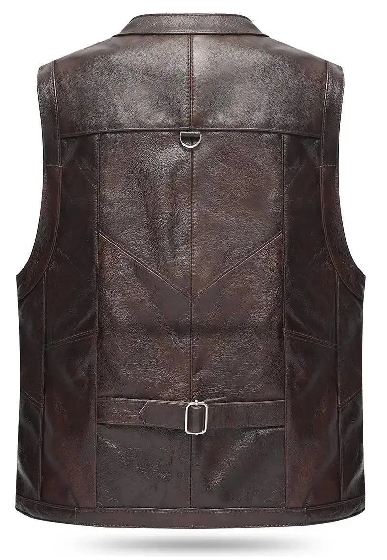 Men's Genuine Leather Imported Vest Male Multiple Pockets Sleeveless Coat Men V-neck Real Sheepskin Waistcoat