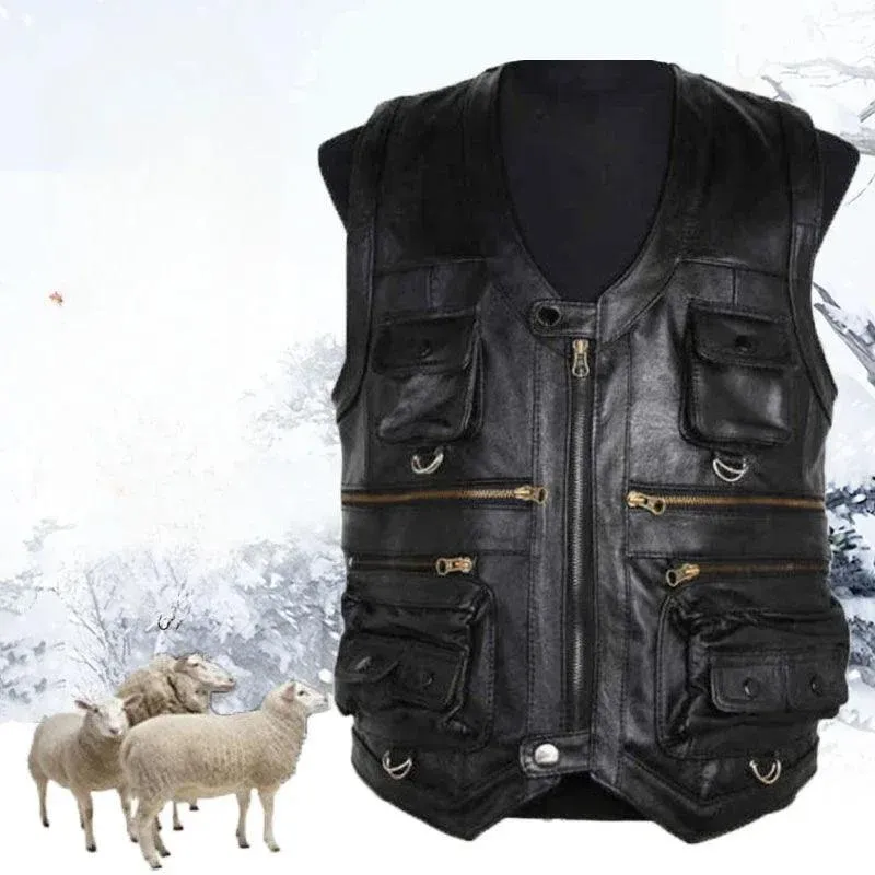Men's Genuine Leather Imported Vest Male Multiple Pockets Sleeveless Coat Men V-neck Real Sheepskin Waistcoat