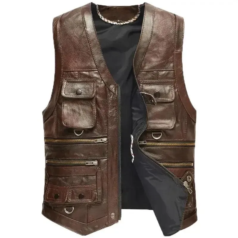 Men's Genuine Leather Imported Vest Male Multiple Pockets Sleeveless Coat Men V-neck Real Sheepskin Waistcoat