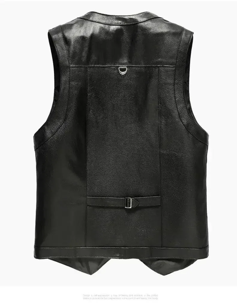 Men's Genuine Leather Imported Vest Male Multiple Pockets Sleeveless Coat Men V-neck Real Sheepskin Waistcoat
