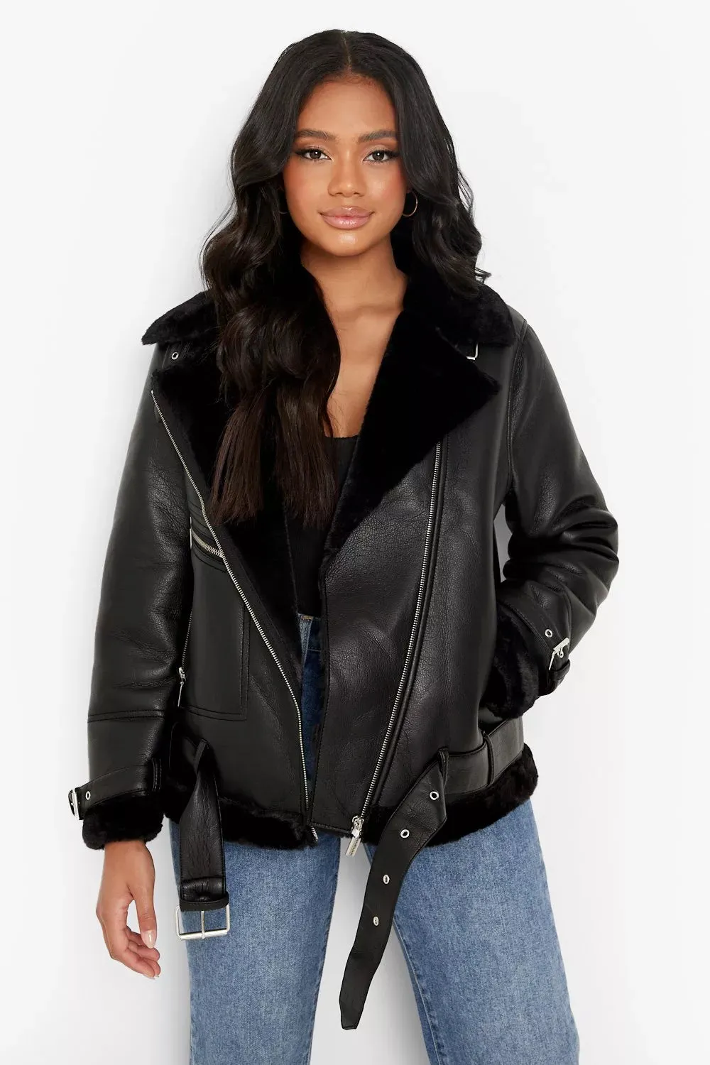 PETITE FAUX FUR LEATHER LINED AVIATOR JACKET by TJS