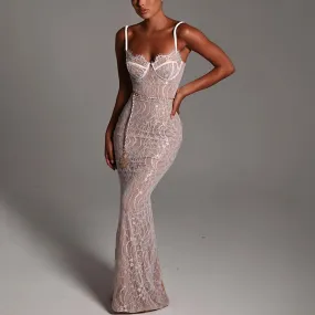Sexy Lace Stitched Backless Sleeveless Split Maxi Dress