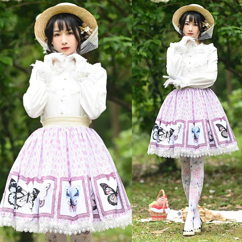 Sweet Butterfly Printed A line Skirt Mori Girl Short Checkered Skirt with Lace Trimming