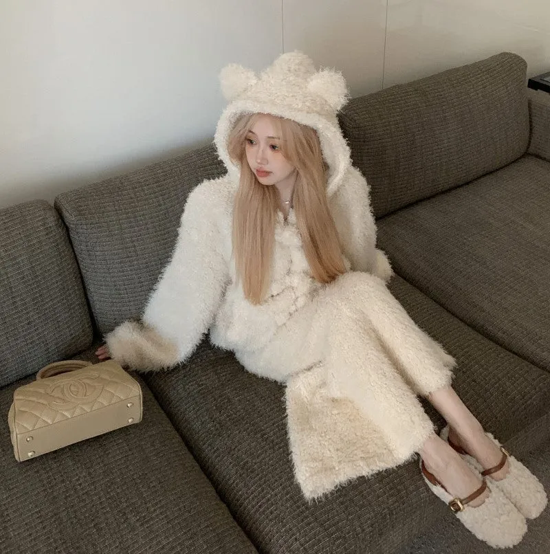 White Cute Bear Ears Hooded Wool Plush Jacket Coat Skirt Two Piece Set